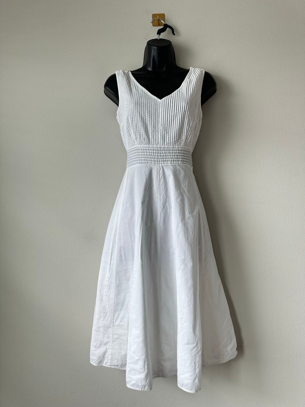 White Cotton Midi Sundress Pintuck Fit Flare Summer Coastal Cottagecore Dress M